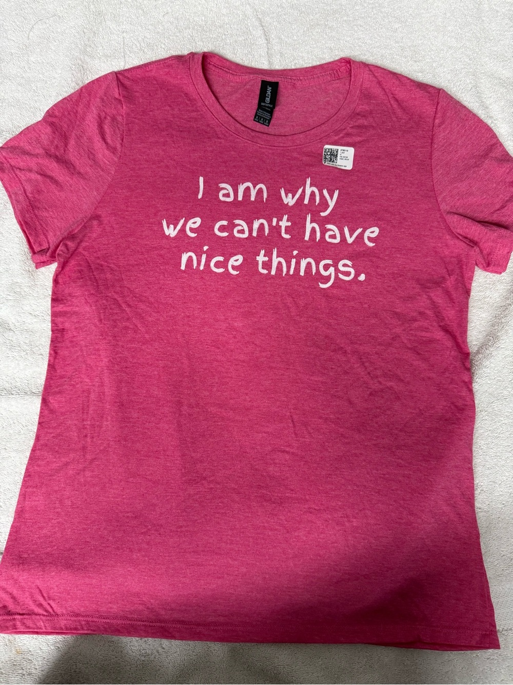Gildan Pink Women's Short Sleeve Tee with White Slogan